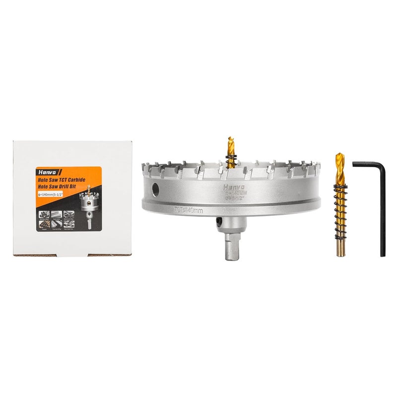 Henvo Hole Saw 5-1/2" (140mm) Heavy Duty Carbide with 2 Pilot Drill Bits - Metal Hole Cutter Cuts Stainless Steel, Iron, Copper, Brass, Plastic - Image 1